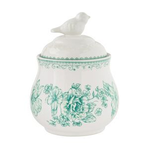 Pioneer Woman Agatha Stoneware Sugar Bowl Lid Floral Green Bird Handle Gift NEW